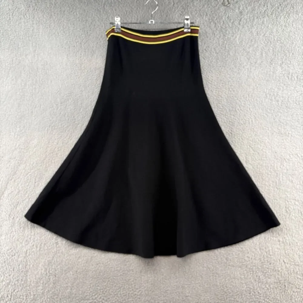 Sandro Paris Black Knit Midi Flare Skirt Striped Waist Size 2